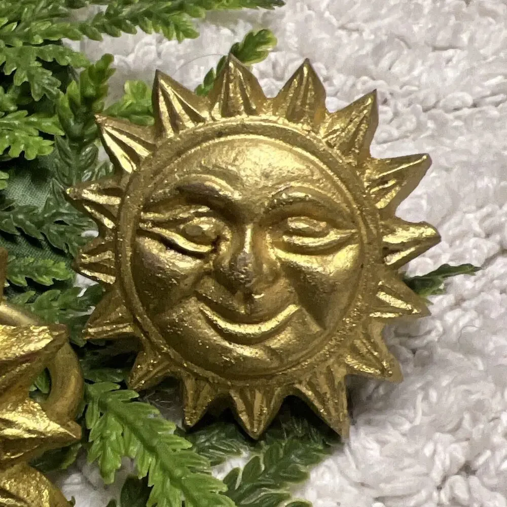 Vintage Gold Napkin Ring Curtain Tie Sun Face Celestial 90s Decor Boho Set of 2